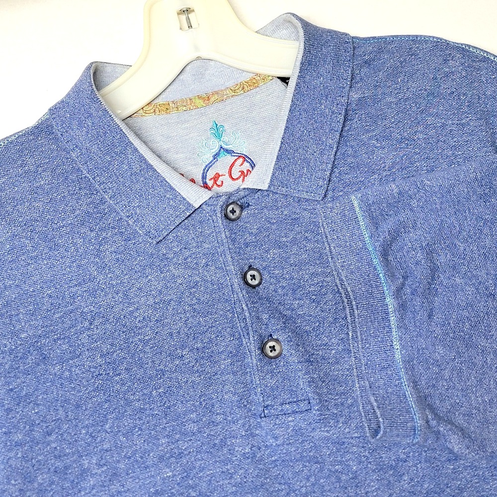 Robert Graham Polo Shirt Men's Large Blue Heather Short Sleeve Paisley Trim L